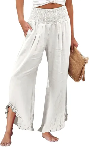 Women High Waisted Palazzo Linen Pants Trendy Pleated Irregular Cotton Linen Trouser Oversize Work Dressy Casaul Pant