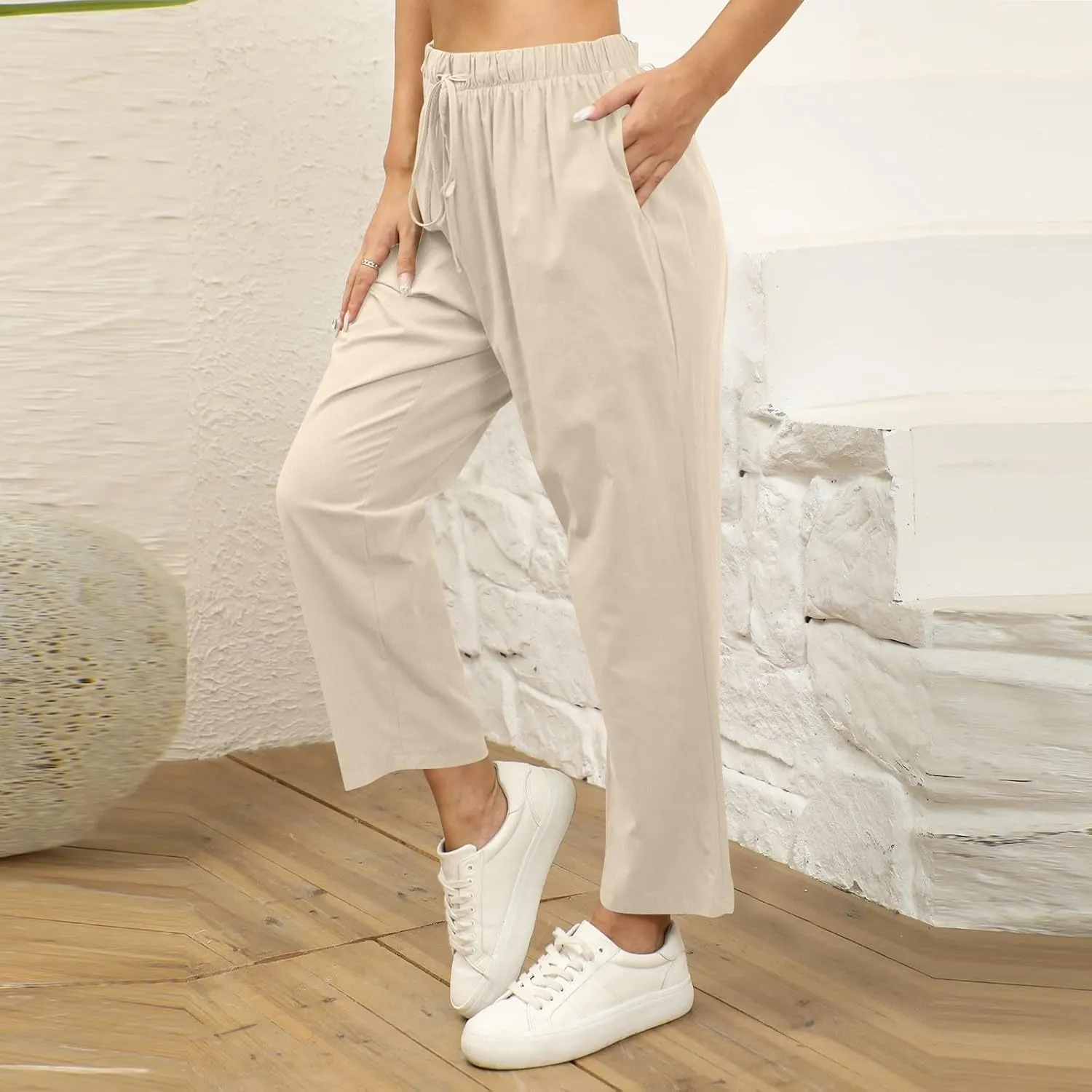 Women Linen Beach Vacation Outfits 2025 Harem Drawstring Pants with Pockets Casual Solid Lightweight Slim Cropped Sweatpants