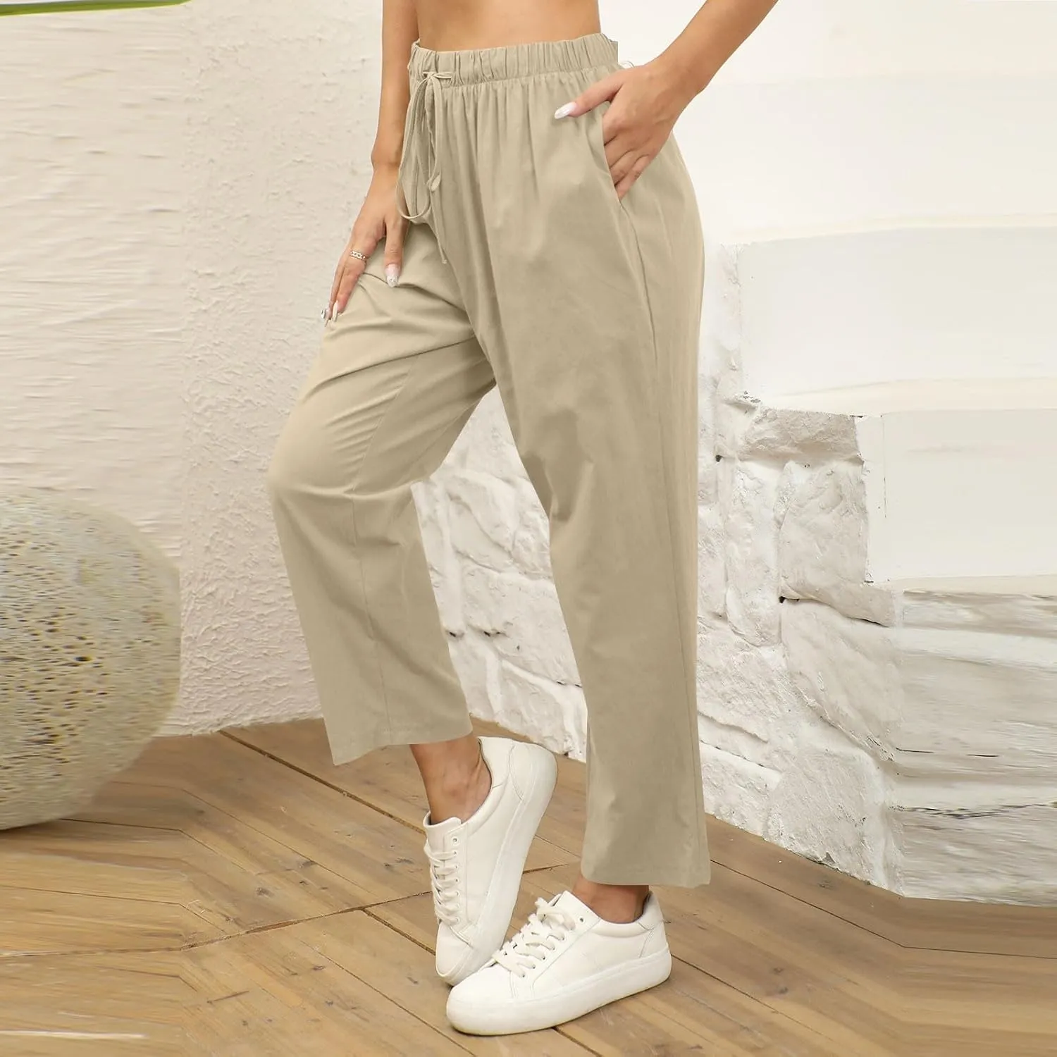 Women Linen Beach Vacation Outfits 2025 Harem Drawstring Pants with Pockets Casual Solid Lightweight Slim Cropped Sweatpants