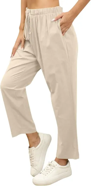 Women Linen Beach Vacation Outfits 2025 Harem Drawstring Pants with Pockets Casual Solid Lightweight Slim Cropped Sweatpants