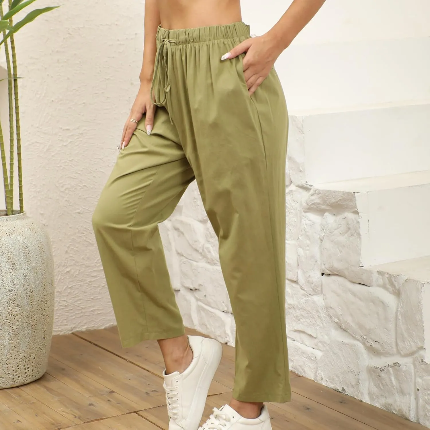 Women Linen Beach Vacation Outfits 2025 Harem Drawstring Pants with Pockets Casual Solid Lightweight Slim Cropped Sweatpants