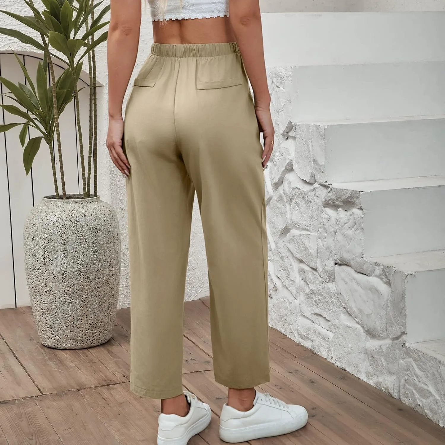 Women Linen Beach Vacation Outfits 2025 Harem Drawstring Pants with Pockets Casual Solid Lightweight Slim Cropped Sweatpants