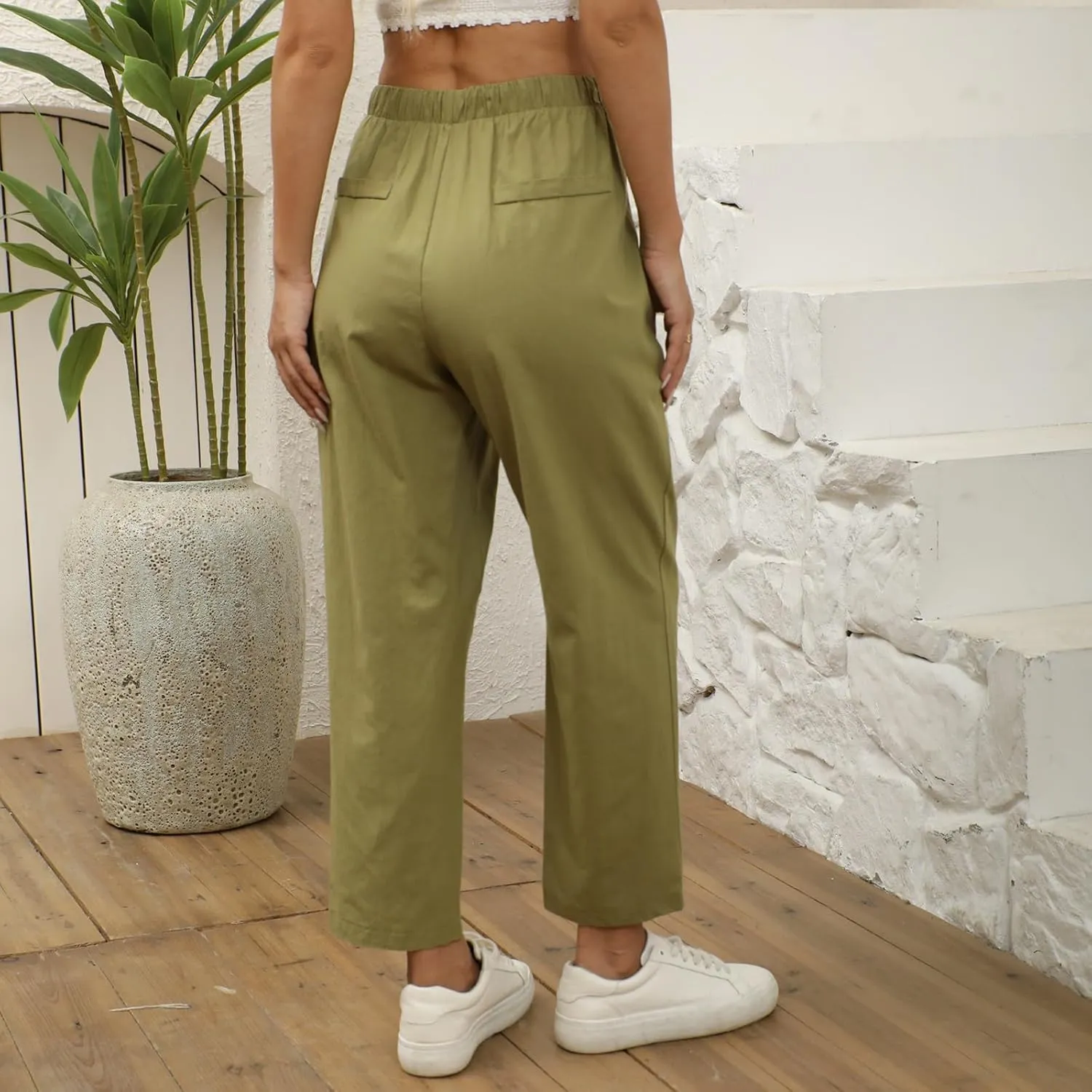 Women Linen Beach Vacation Outfits 2025 Harem Drawstring Pants with Pockets Casual Solid Lightweight Slim Cropped Sweatpants