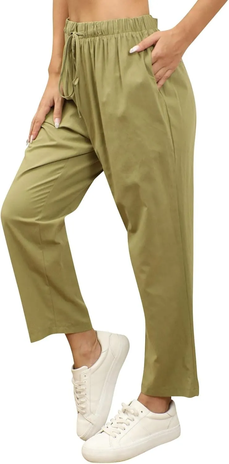 Women Linen Beach Vacation Outfits 2025 Harem Drawstring Pants with Pockets Casual Solid Lightweight Slim Cropped Sweatpants