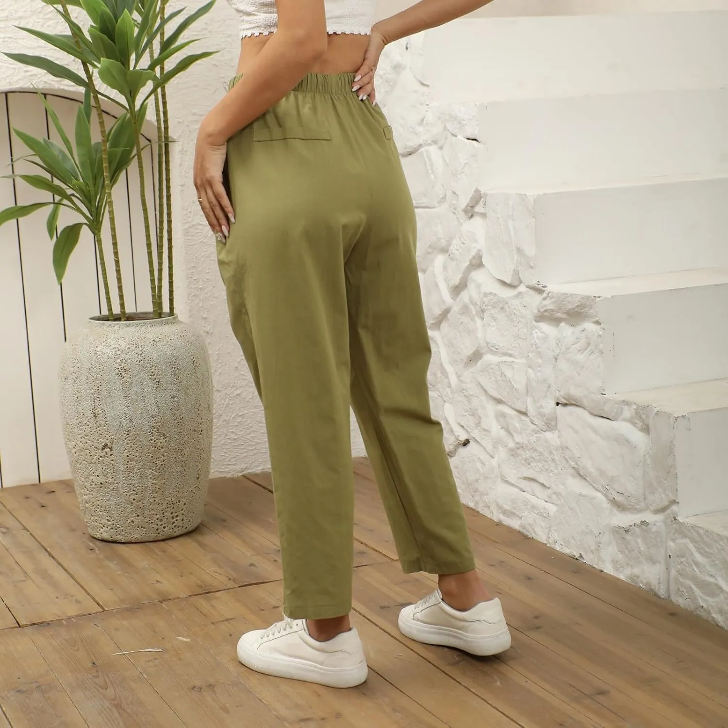 Women Linen Beach Vacation Outfits 2025 Harem Drawstring Pants with Pockets Casual Solid Lightweight Slim Cropped Sweatpants