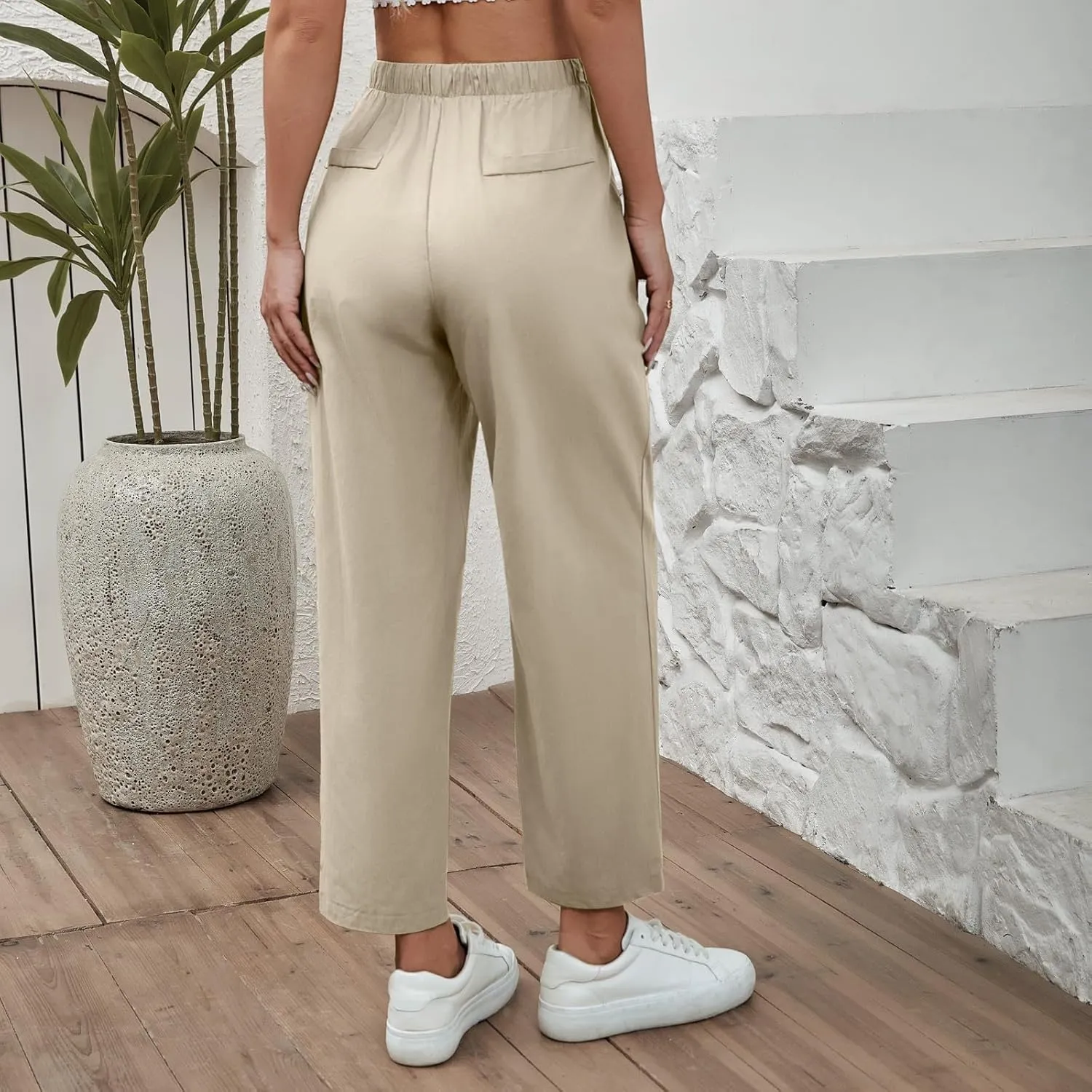 Women Linen Beach Vacation Outfits 2025 Harem Drawstring Pants with Pockets Casual Solid Lightweight Slim Cropped Sweatpants