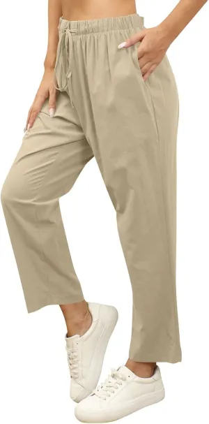 Women Linen Beach Vacation Outfits 2025 Harem Drawstring Pants with Pockets Casual Solid Lightweight Slim Cropped Sweatpants