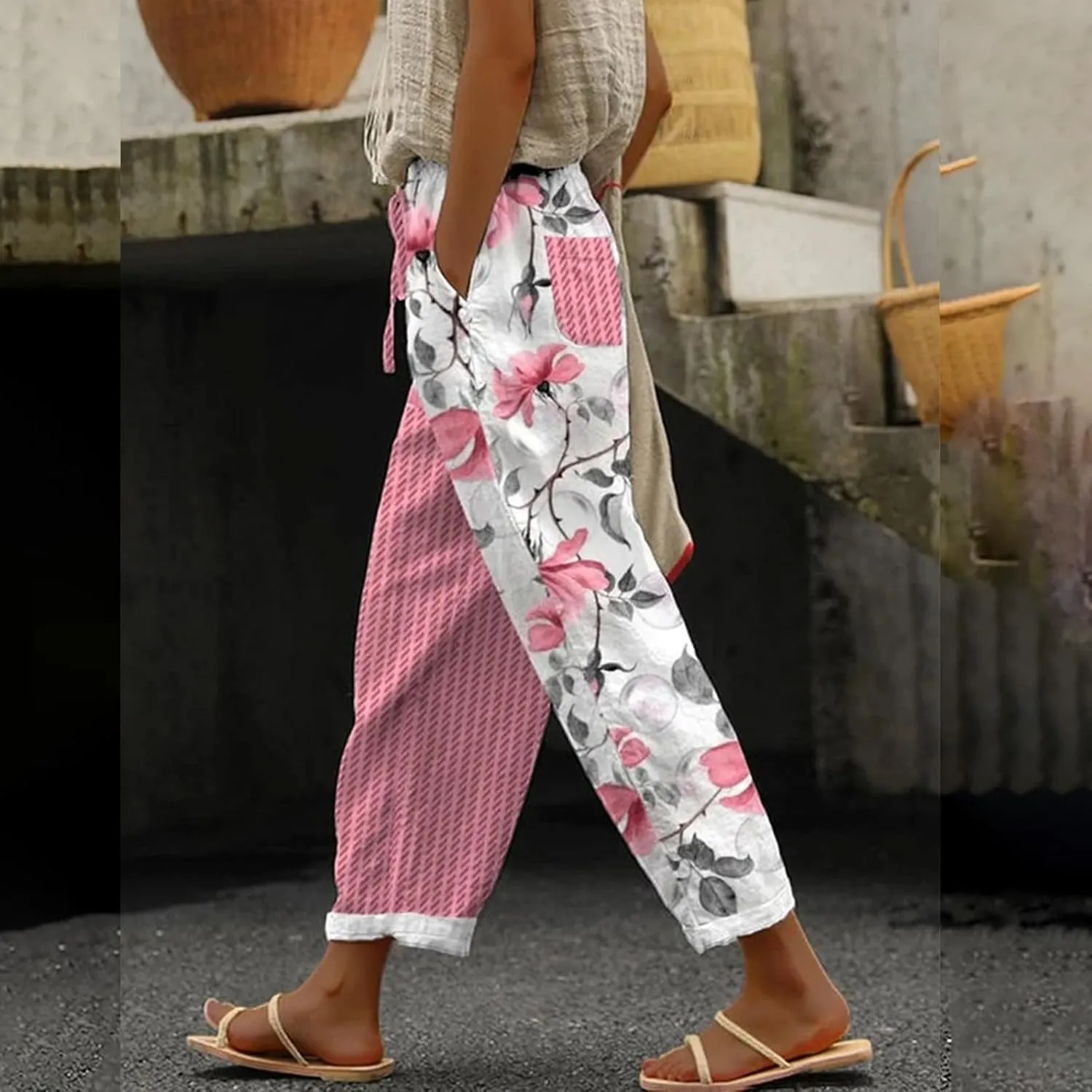 Women Linen Palazzo Pants Casual Drawstring Pants with Pockets Linen Women Wide Leg for