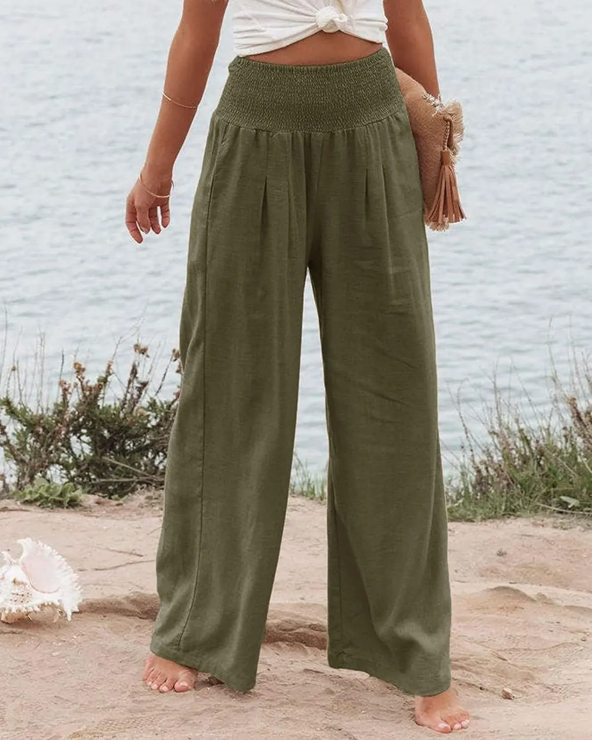 Women Linen Palazzo Pants High Waist Pant Wide Leg Flowy Pants Beach Vacation Clothes Casual Lounge Outfits