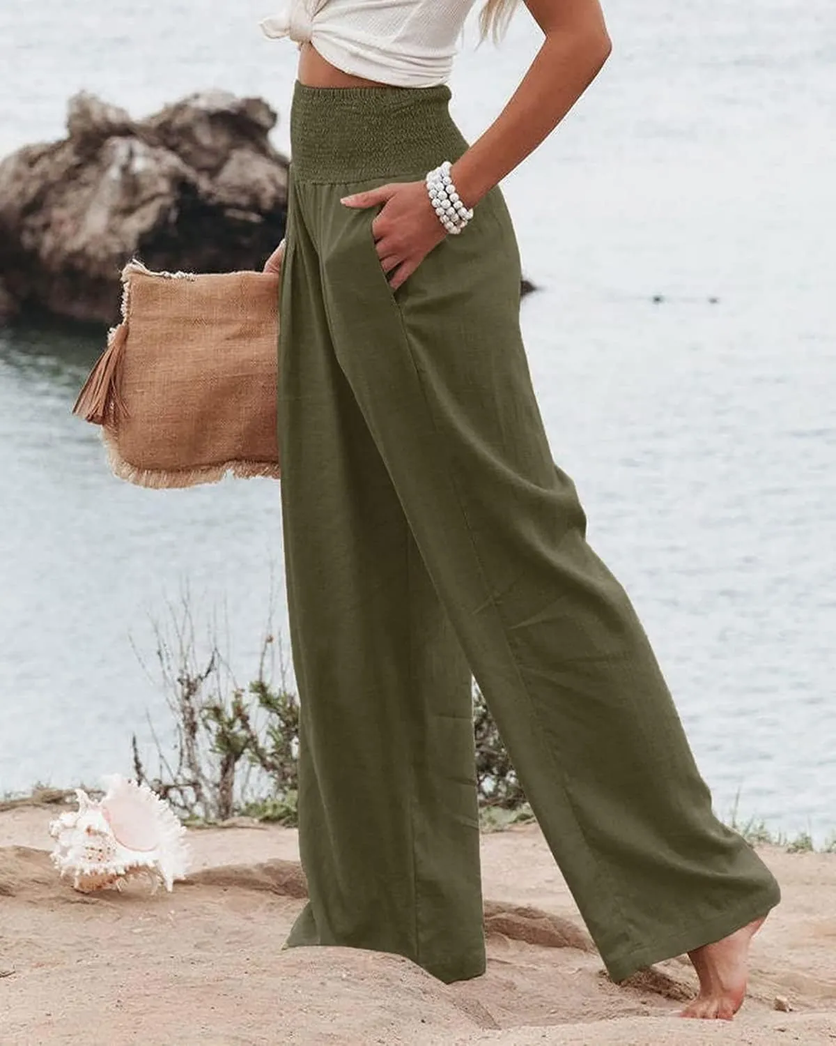 Women Linen Palazzo Pants High Waist Pant Wide Leg Flowy Pants Beach Vacation Clothes Casual Lounge Outfits