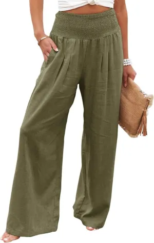 Women Linen Palazzo Pants High Waist Pant Wide Leg Flowy Pants Beach Vacation Clothes Casual Lounge Outfits