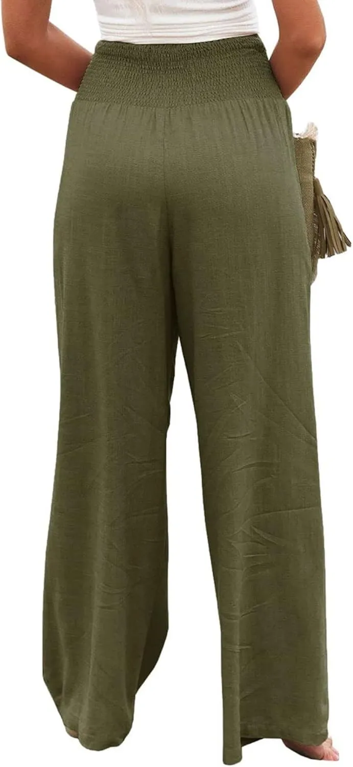 Women Linen Palazzo Pants High Waist Pant Wide Leg Flowy Pants Beach Vacation Clothes Casual Lounge Outfits