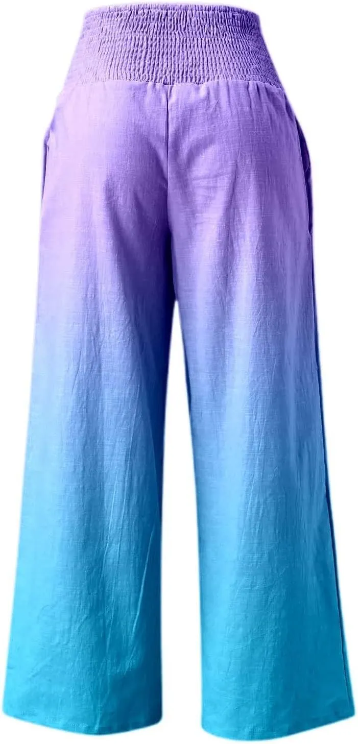 Women Linen Pants 2025 Summer Casual Loose Wide Leg Palazzo Pants Smocked High Waist Flowy Beach Trousers with Pockets