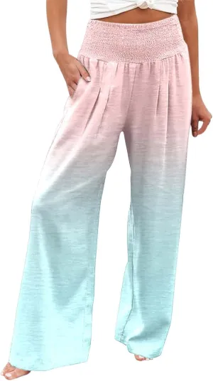 Women Linen Pants 2025 Summer Casual Loose Wide Leg Palazzo Pants Smocked High Waist Flowy Beach Trousers with Pockets