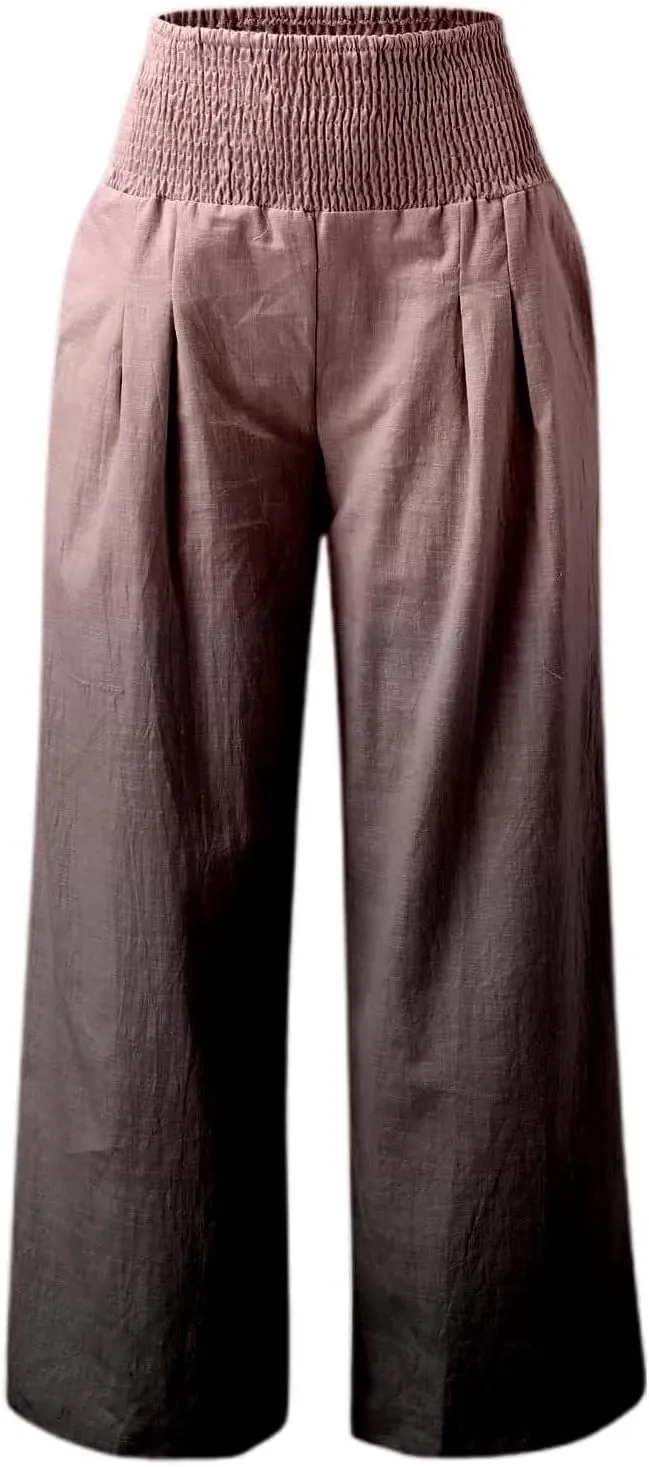Women Linen Pants 2025 Summer Casual Loose Wide Leg Palazzo Pants Smocked High Waist Flowy Beach Trousers with Pockets