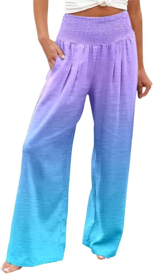 Women Linen Pants 2025 Summer Casual Loose Wide Leg Palazzo Pants Smocked High Waist Flowy Beach Trousers with Pockets