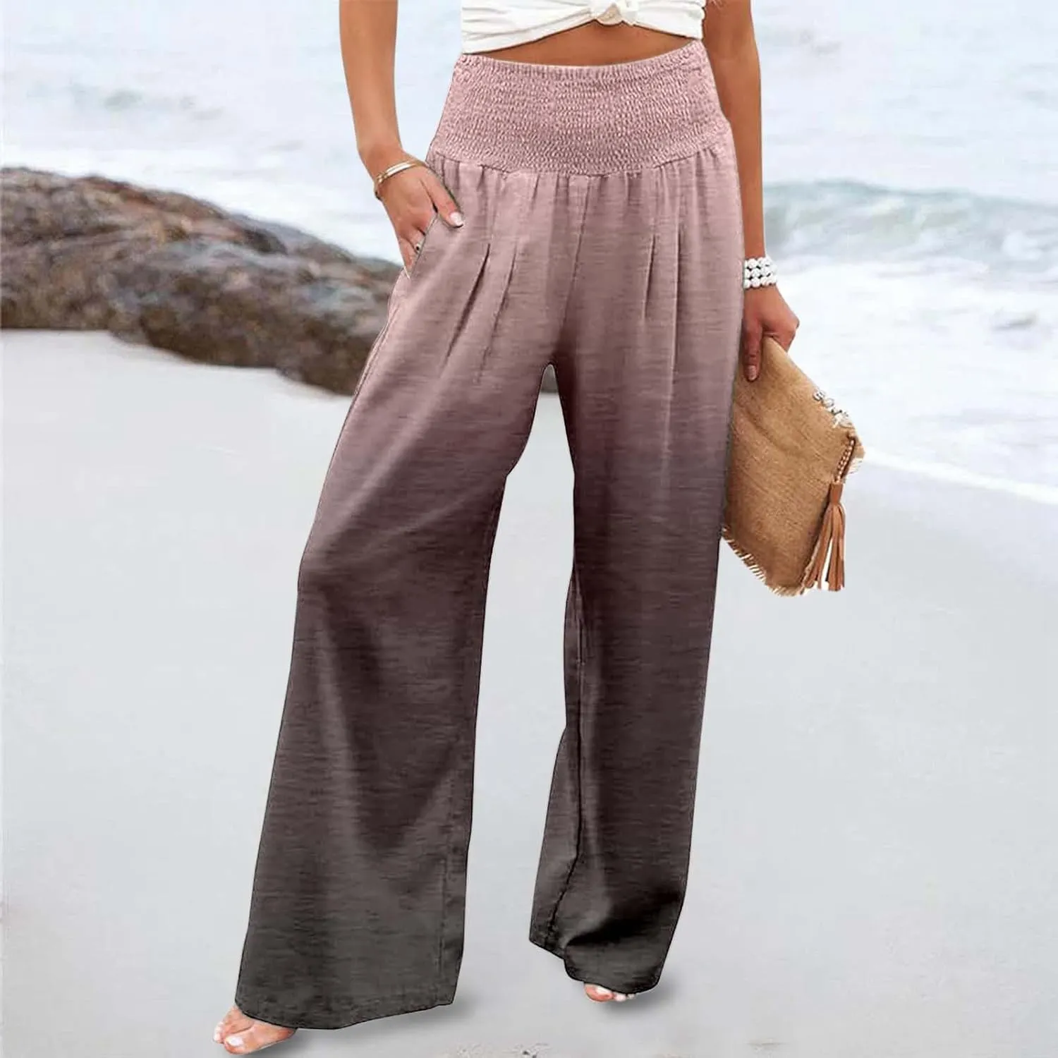 Women Linen Pants 2025 Summer Casual Loose Wide Leg Palazzo Pants Smocked High Waist Flowy Beach Trousers with Pockets