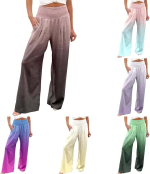 Women Linen Pants 2025 Summer Casual Loose Wide Leg Palazzo Pants Smocked High Waist Flowy Beach Trousers with Pockets