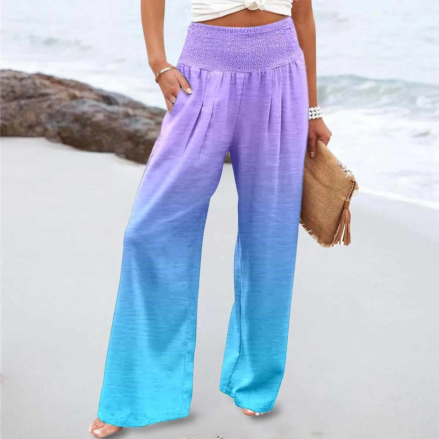 Women Linen Pants 2025 Summer Casual Loose Wide Leg Palazzo Pants Smocked High Waist Flowy Beach Trousers with Pockets