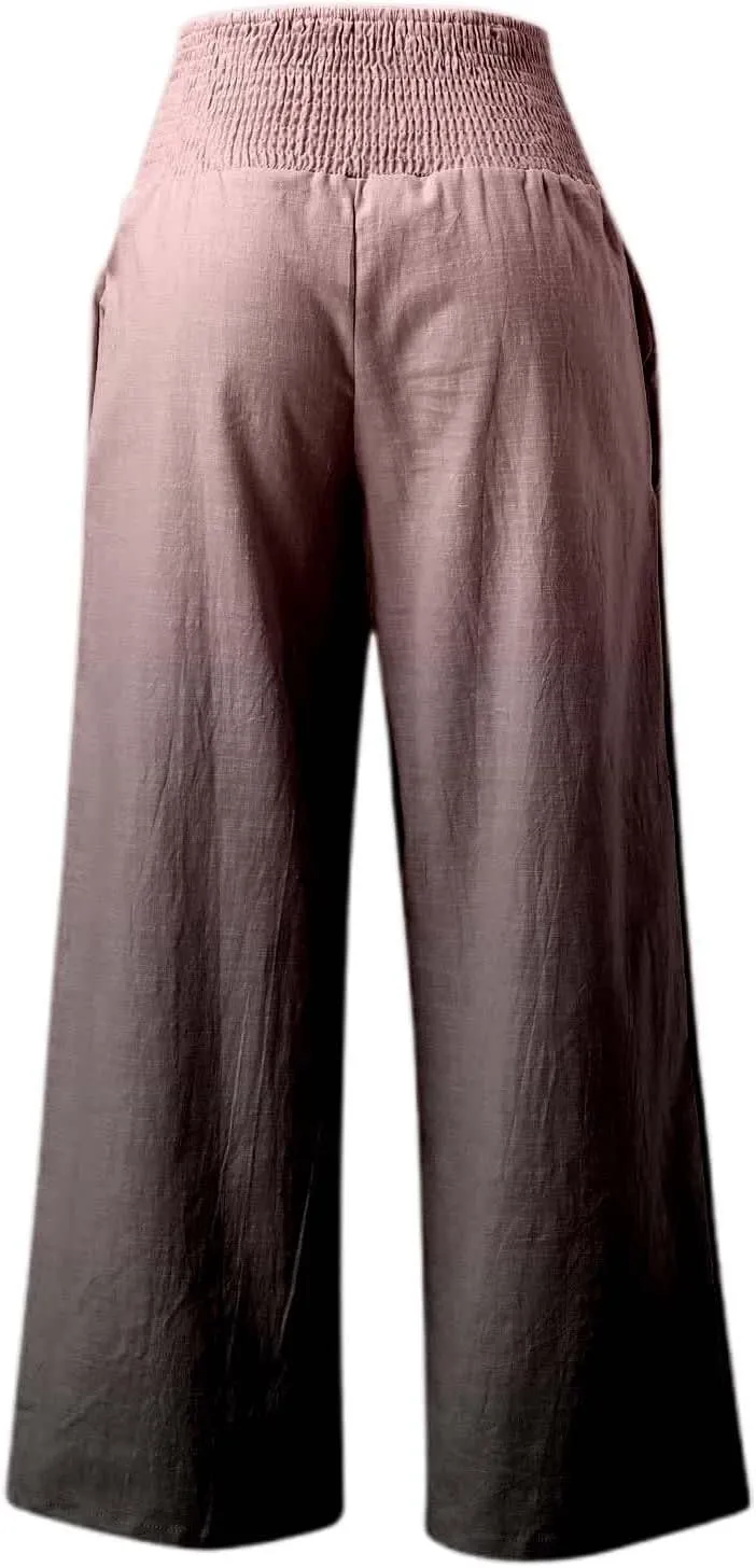 Women Linen Pants 2025 Summer Casual Loose Wide Leg Palazzo Pants Smocked High Waist Flowy Beach Trousers with Pockets