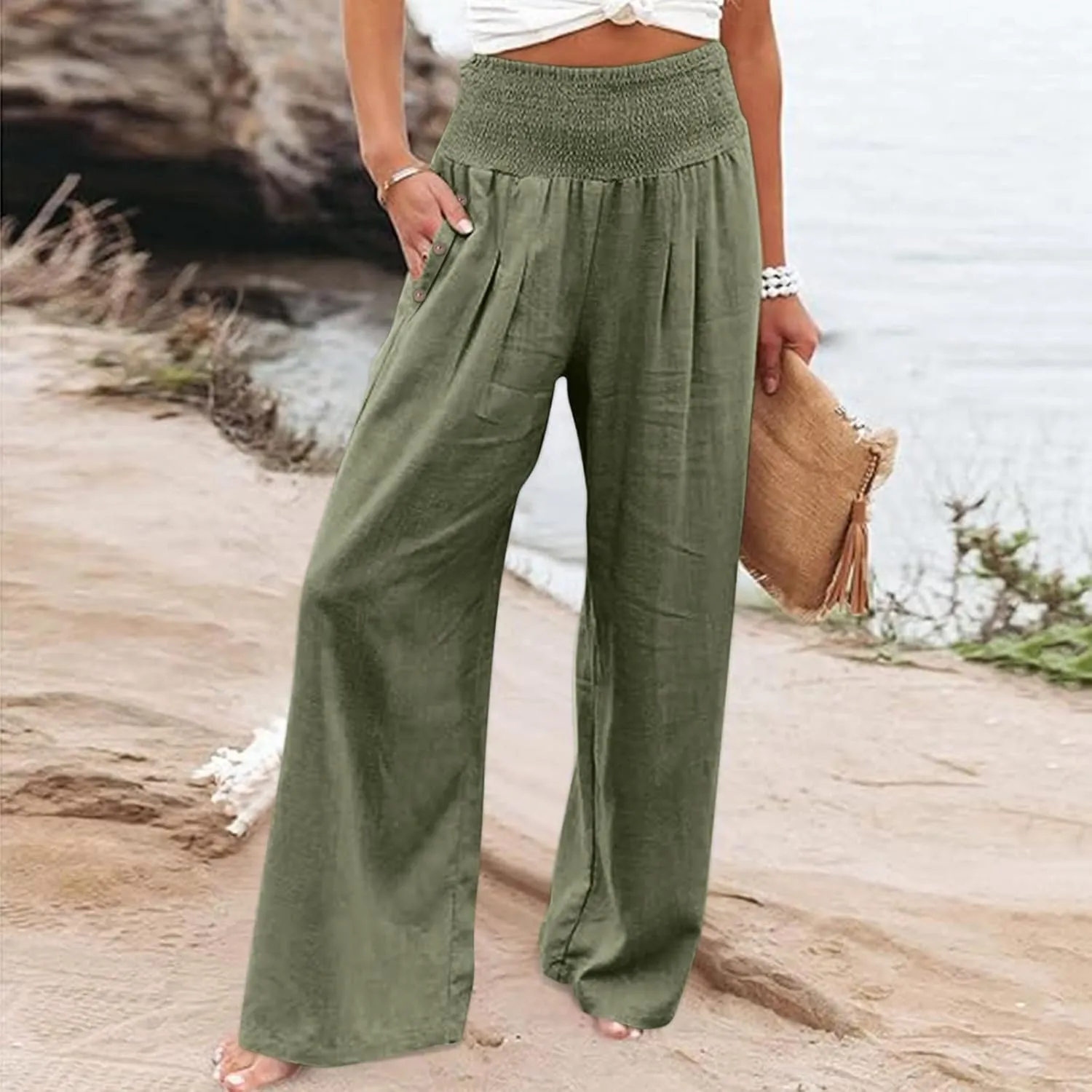 Women Linen Pants 2025 Summer Casual Loose Wide Leg Palazzo Pants Smocked High Waist Flowy Beach Trousers