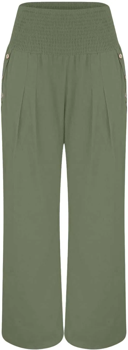Women Linen Pants 2025 Summer Casual Loose Wide Leg Palazzo Pants Smocked High Waist Flowy Beach Trousers