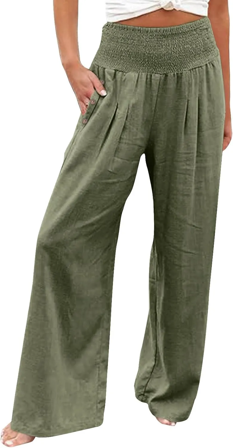Women Linen Pants 2025 Summer Casual Loose Wide Leg Palazzo Pants Smocked High Waist Flowy Beach Trousers