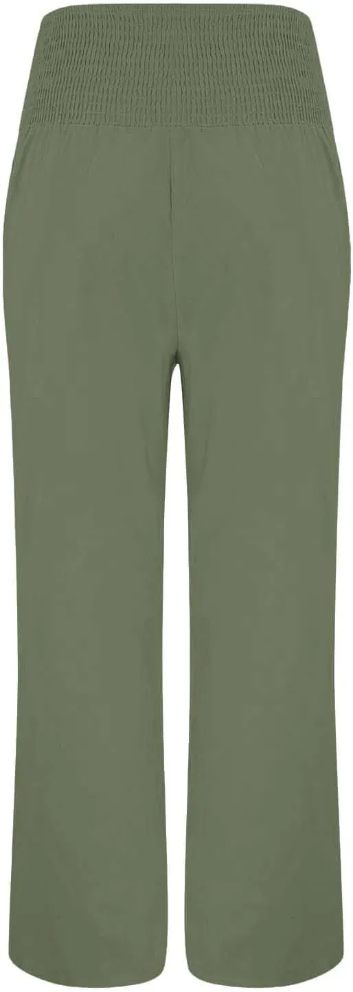 Women Linen Pants 2025 Summer Casual Loose Wide Leg Palazzo Pants Smocked High Waist Flowy Beach Trousers