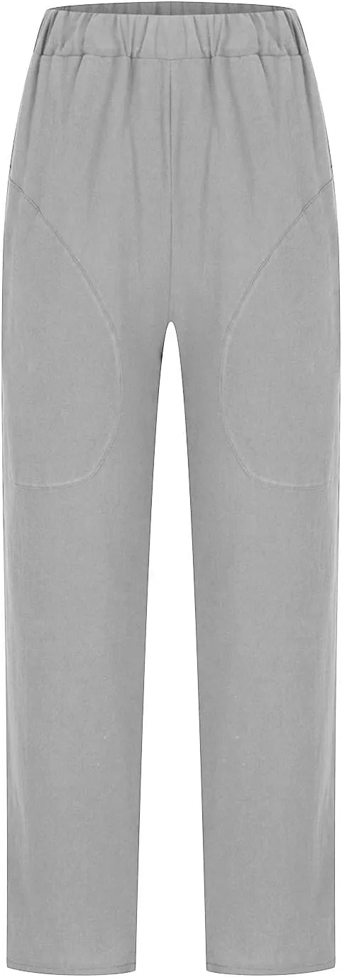 Women Linen Pants Lightweight Capri Pant Summer Casual Drawstring Elastic Waist Beach Trousers with Pockets