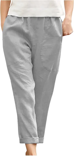 Women Linen Pants Lightweight Capri Pant Summer Casual Drawstring Elastic Waist Beach Trousers with Pockets