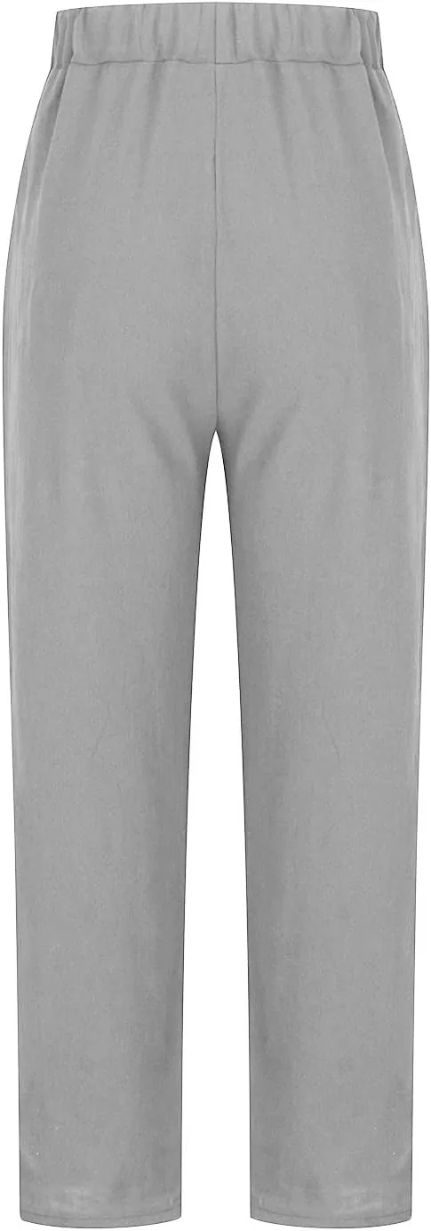 Women Linen Pants Lightweight Capri Pant Summer Casual Drawstring Elastic Waist Beach Trousers with Pockets