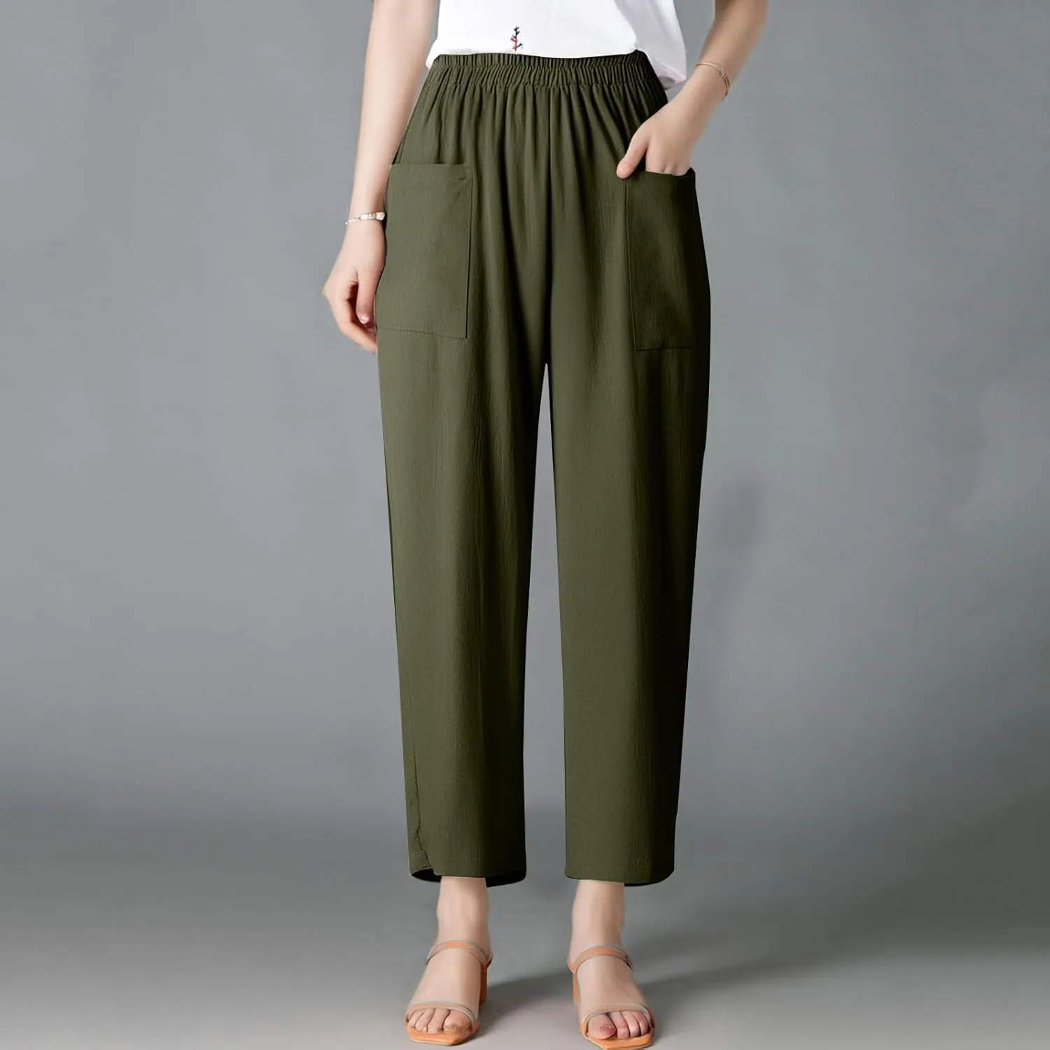 Women Linen Pants Summer High Waist Palazzo Pants Casual Wide Pant Comfy Tummy Control Trousers with Pockets (S-2Xl)