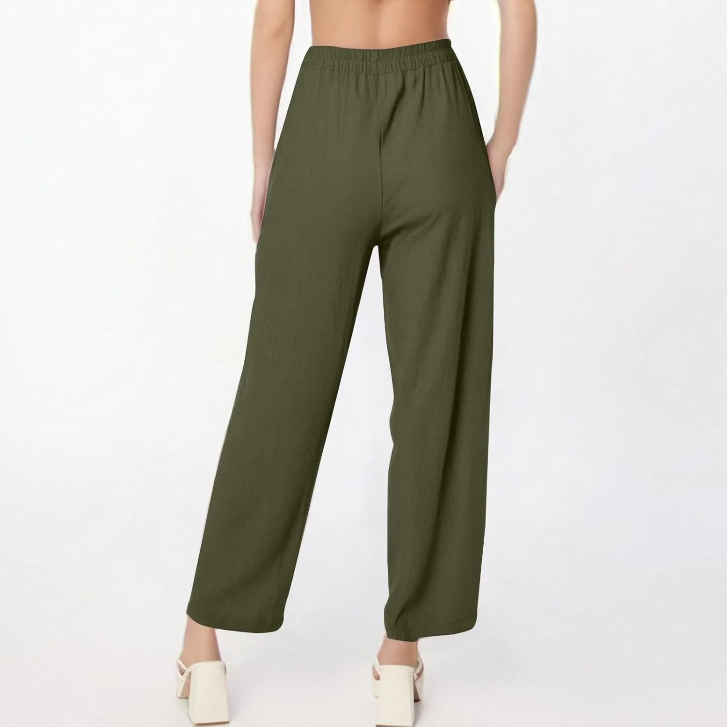 Women Linen Pants Summer High Waist Palazzo Pants Casual Wide Pant Comfy Tummy Control Trousers with Pockets (S-2Xl)