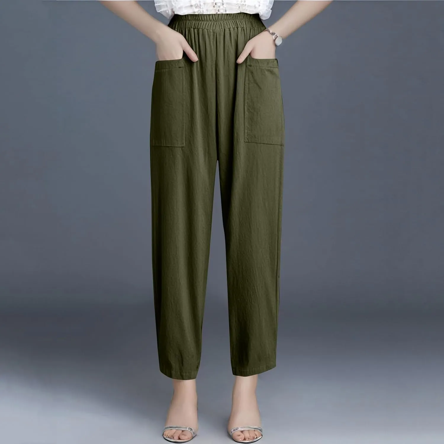 Women Linen Pants Summer High Waist Palazzo Pants Casual Wide Pant Comfy Tummy Control Trousers with Pockets (S-2Xl)