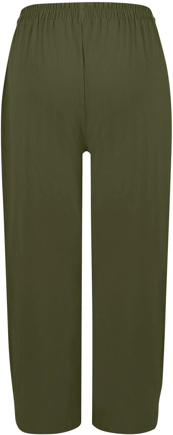 Women Linen Pants Summer High Waist Palazzo Pants Casual Wide Pant Comfy Tummy Control Trousers with Pockets (S-2Xl)