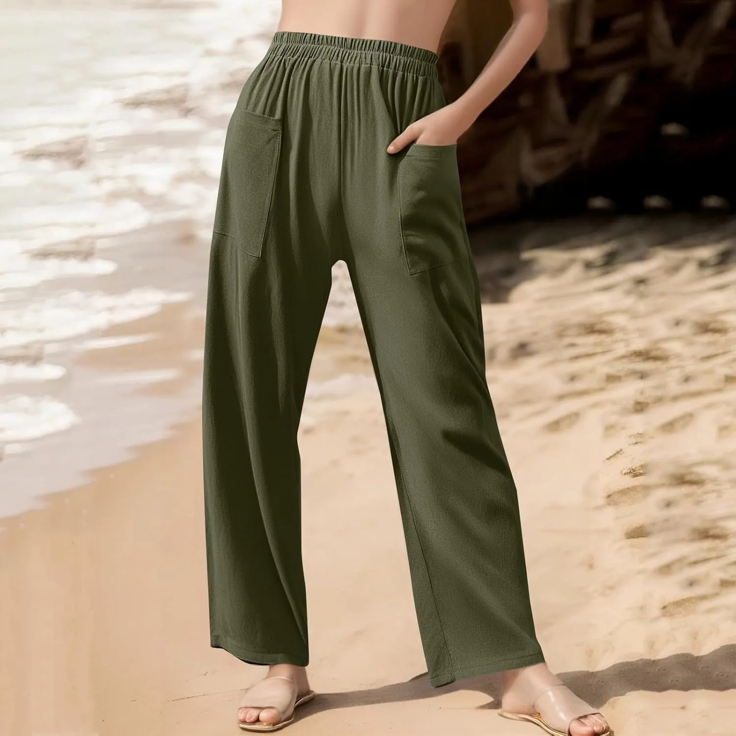 Women Linen Pants Summer High Waist Palazzo Pants Casual Wide Pant Comfy Tummy Control Trousers with Pockets (S-2Xl)