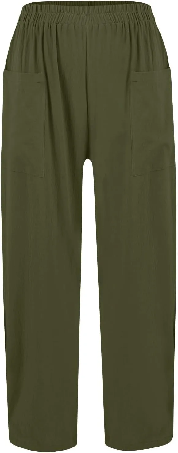 Women Linen Pants Summer High Waist Palazzo Pants Casual Wide Pant Comfy Tummy Control Trousers with Pockets (S-2Xl)