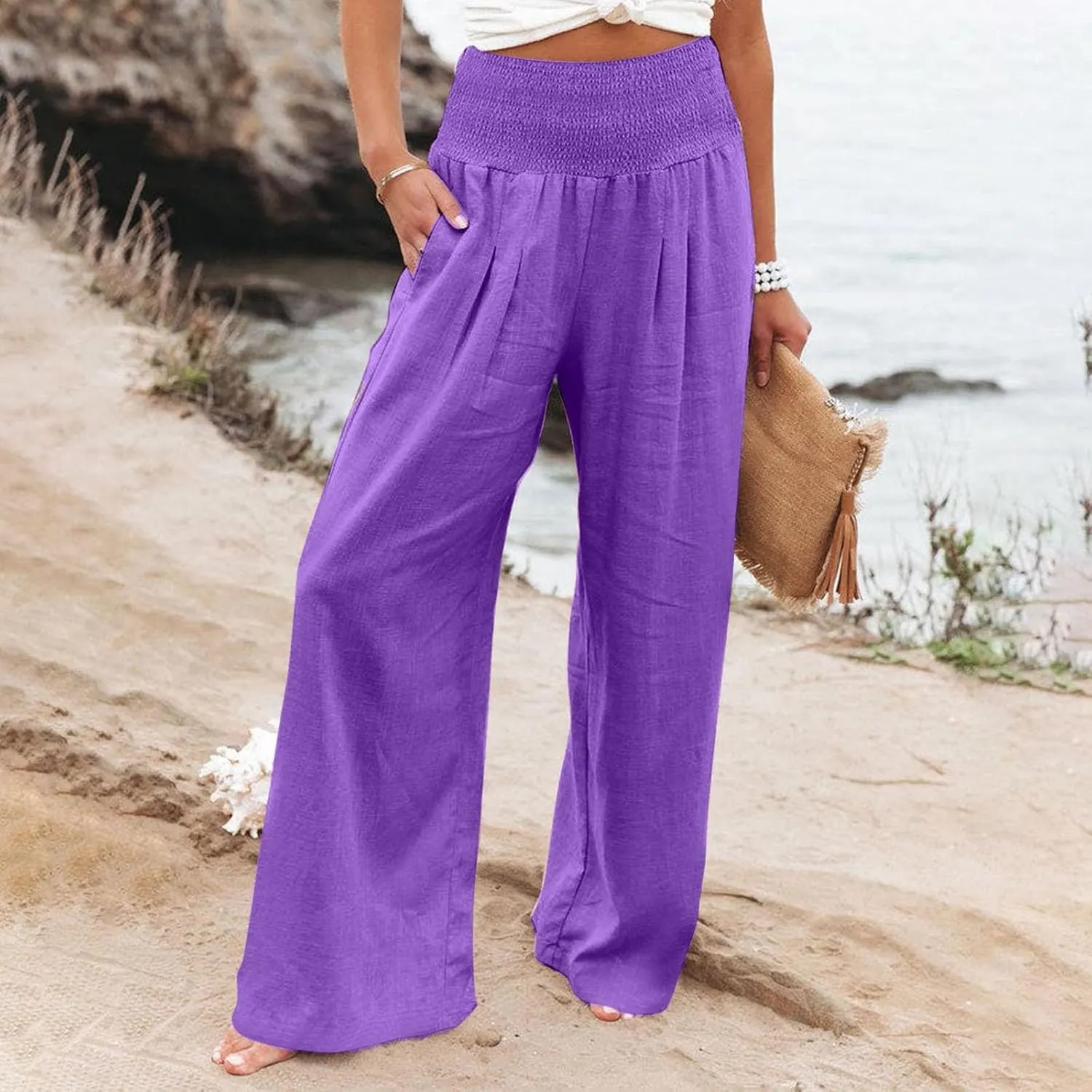 Women Linen Pants Summer Wide Leg High Waist Casual Trousers Elastic Drawstring Beach Lounge Pants with Pockets