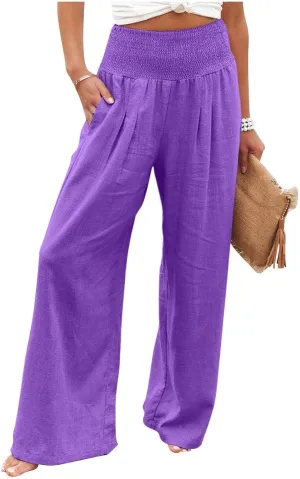 Women Linen Pants Summer Wide Leg High Waist Casual Trousers Elastic Drawstring Beach Lounge Pants with Pockets