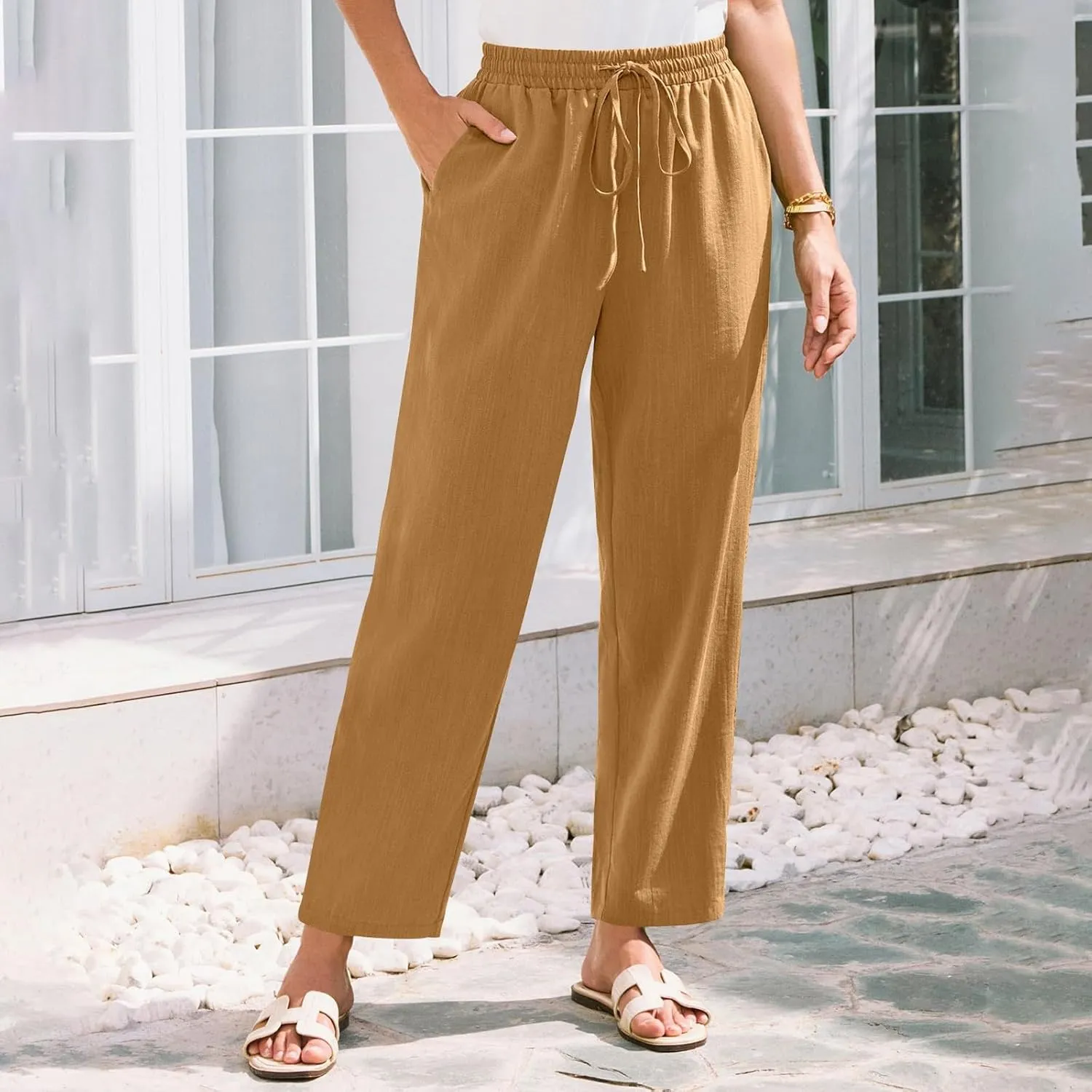 Women Linen Pants Summer Wide Leg High Waist Casual Trousers Elastic Drawstring Beach Lounge Pants with Pockets