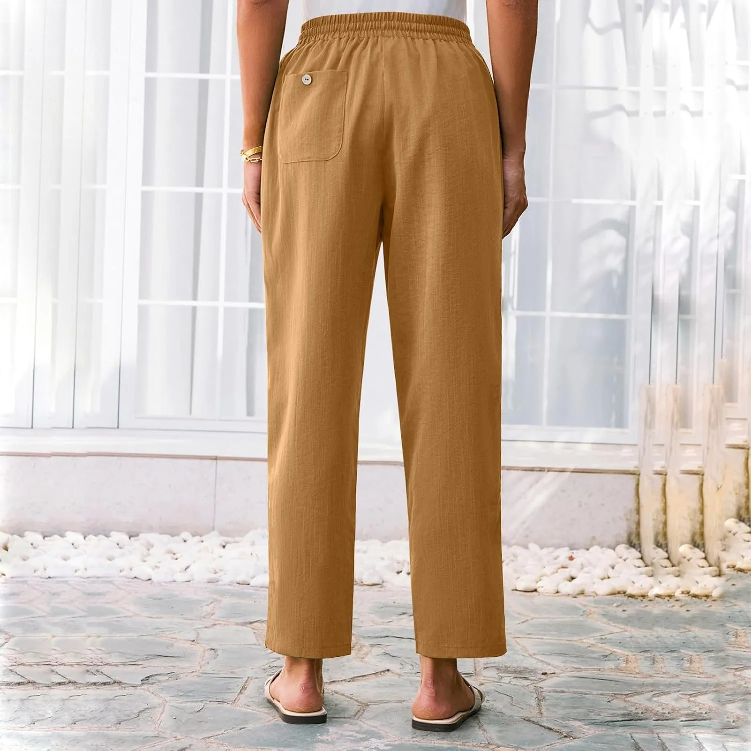 Women Linen Pants Summer Wide Leg High Waist Casual Trousers Elastic Drawstring Beach Lounge Pants with Pockets