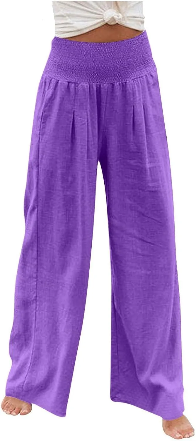 Women Linen Pants Summer Wide Leg High Waist Casual Trousers Elastic Drawstring Beach Lounge Pants with Pockets
