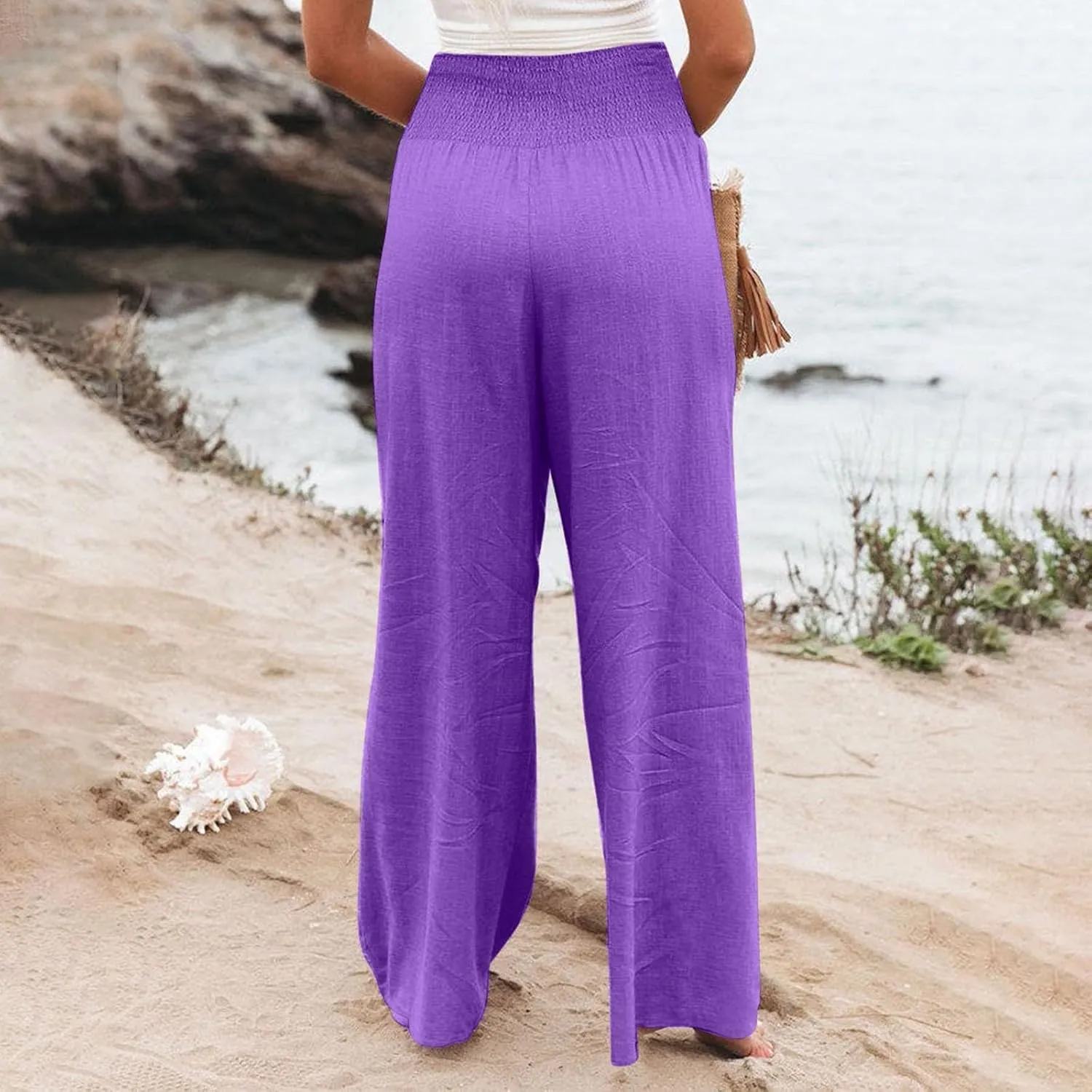 Women Linen Pants Summer Wide Leg High Waist Casual Trousers Elastic Drawstring Beach Lounge Pants with Pockets