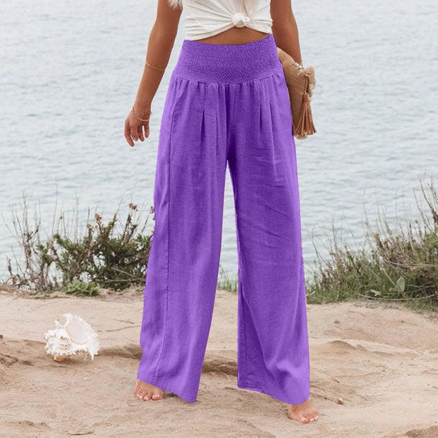 Women Linen Pants Summer Wide Leg High Waist Casual Trousers Elastic Drawstring Beach Lounge Pants with Pockets