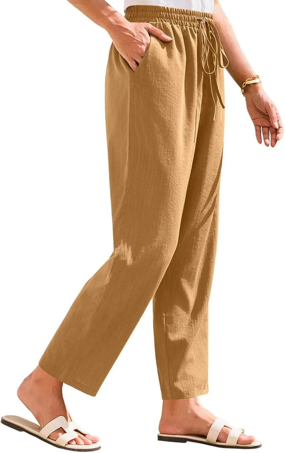 Women Linen Pants Summer Wide Leg High Waist Casual Trousers Elastic Drawstring Beach Lounge Pants with Pockets