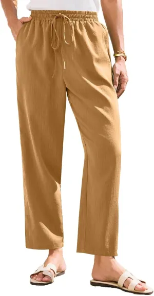 Women Linen Pants Summer Wide Leg High Waist Casual Trousers Elastic Drawstring Beach Lounge Pants with Pockets