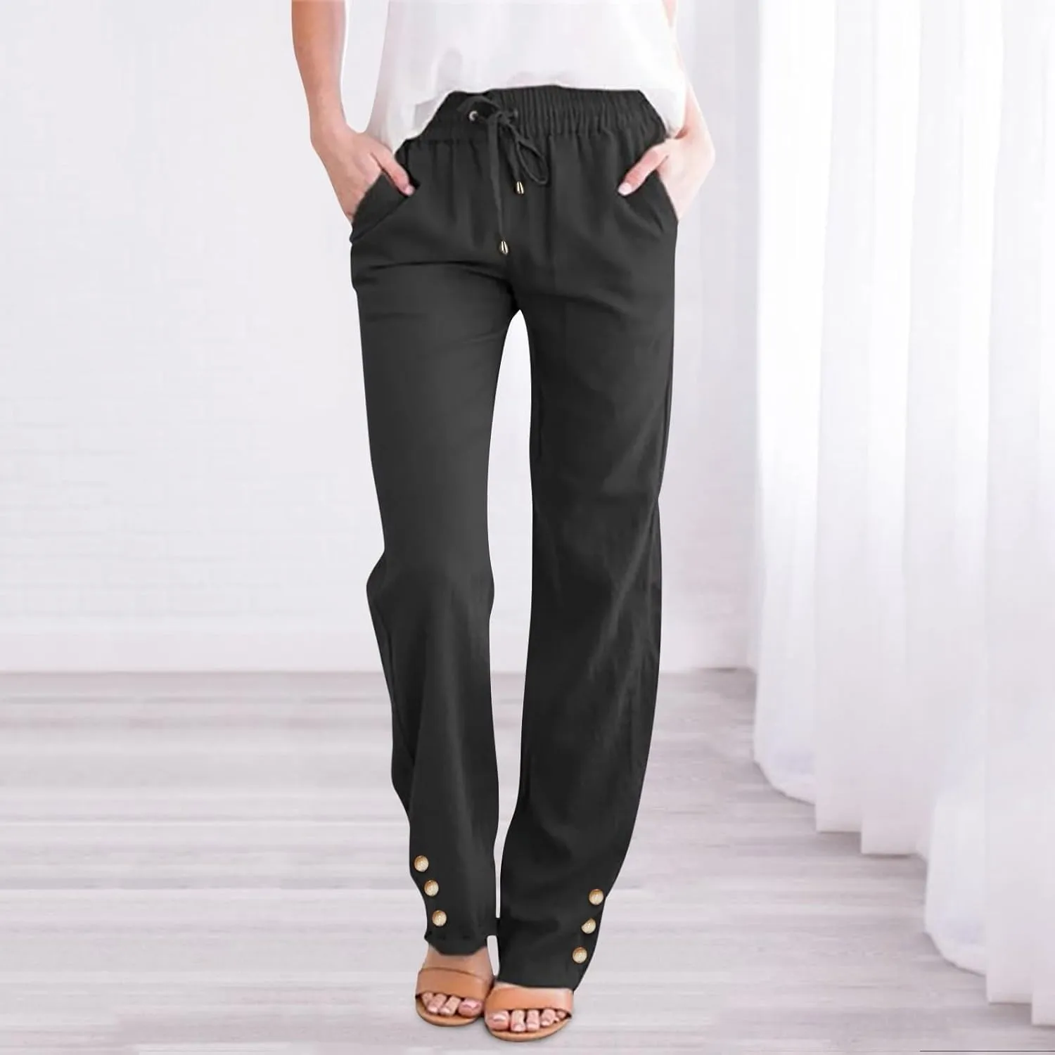 Women Linen Summer Beach Outfits 2025 Drawstring Slim Button Decorations Pants with Pockets Harem Casual Solid Sweatpants