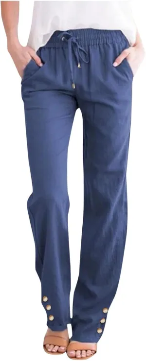 Women Linen Summer Beach Outfits 2025 Drawstring Slim Button Decorations Pants with Pockets Harem Casual Solid Sweatpants