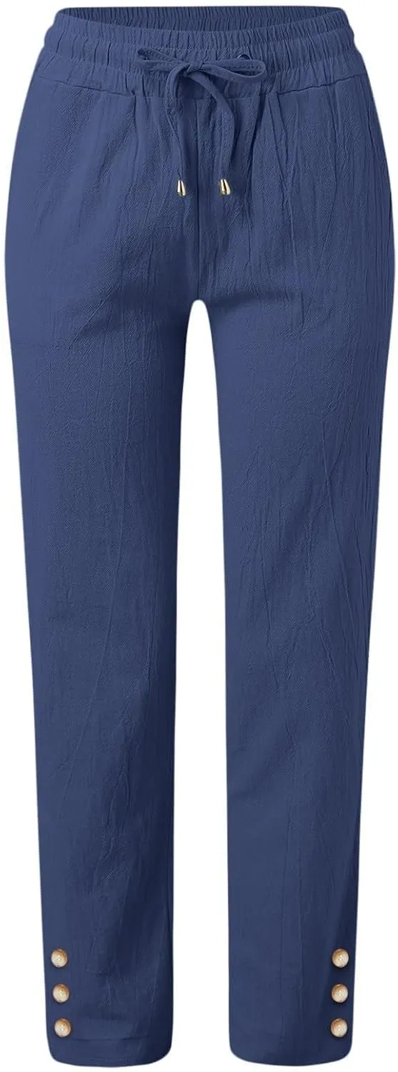 Women Linen Summer Beach Outfits 2025 Drawstring Slim Button Decorations Pants with Pockets Harem Casual Solid Sweatpants