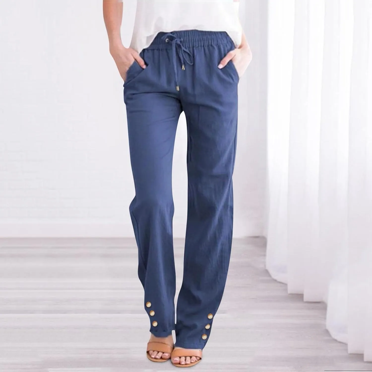 Women Linen Summer Beach Outfits 2025 Drawstring Slim Button Decorations Pants with Pockets Harem Casual Solid Sweatpants